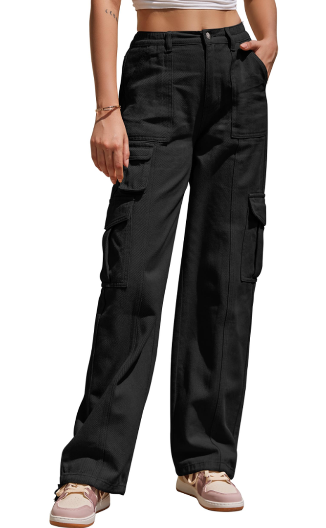 Hiistandd Women's High Waisted Cargo Pants Cotton Wide Leg Casual Pants Combat Military Work Trouser, Black, Size: Medium