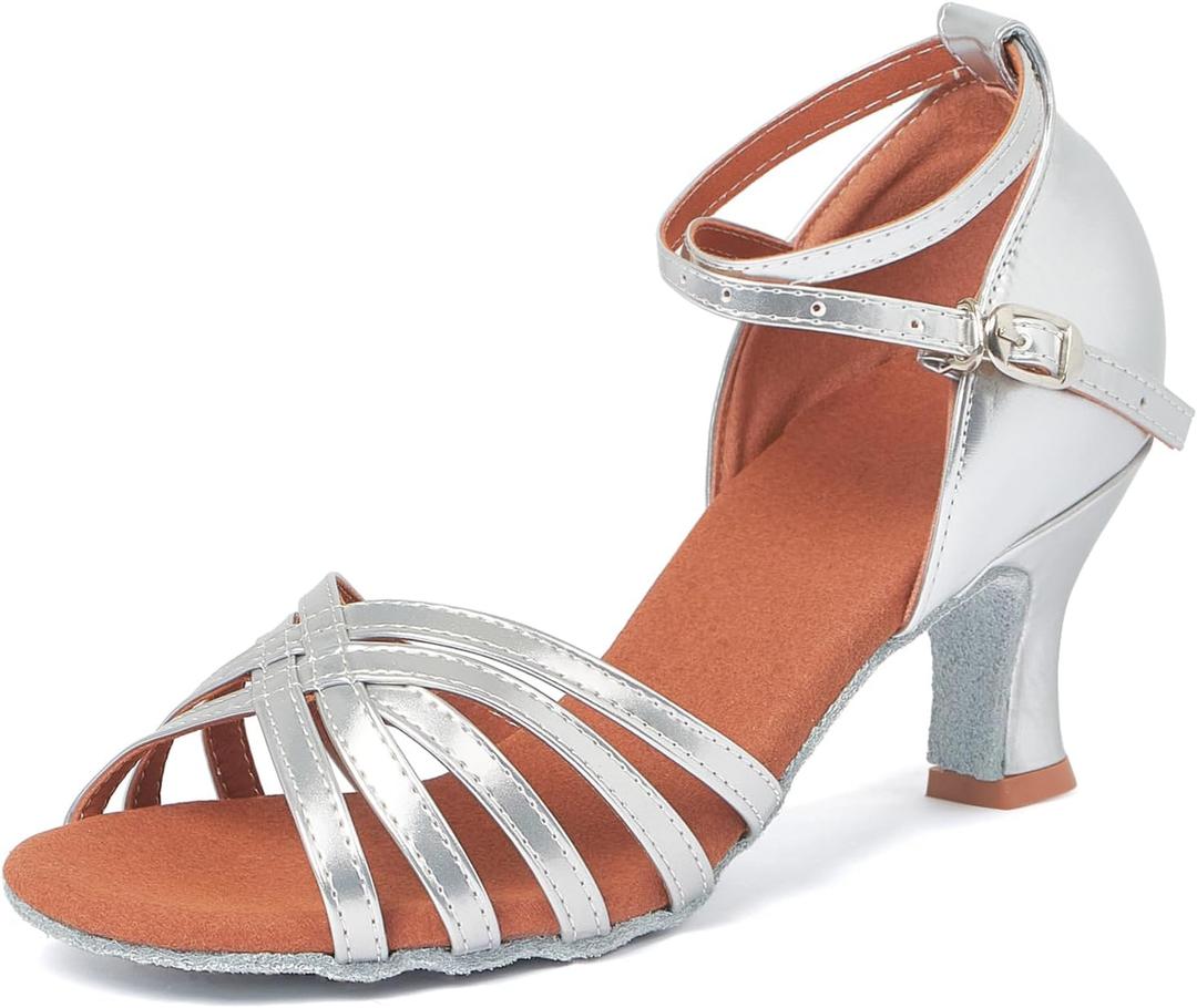 iCKER Womens Latin Dance Shoes Heeled Ballroom Salsa Tango Party Sequin Dance Shoes (7, Silver-leather)