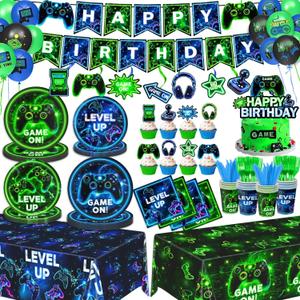 Video Game Birthday Decorations  Neon Game Tableware: Plates, Napkins, Cups, Cutlery, Cake & Cupcake Toppers, Banner, Hanging Swirls, Tablecloths, Balloons for Boy Gamer Birthday Party, Serves 24