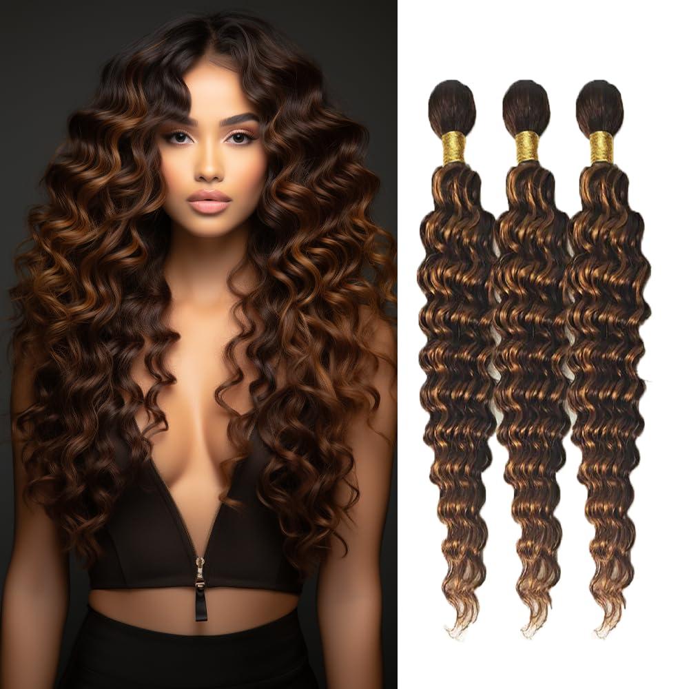 Hair Highlight Loose Deep Wave Bundles Double Weft Brazilian Hair Extensions Soft and Silky Ombre Two Tone Dark Brown and Brown Deep Curly Bundles