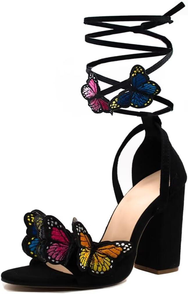 JOEupin Women's Strappy Chunky Heels Sandals 3 inch Butterfly Lace Up Ankle Wrap Heel Wedding Bridal Heeled Sandals Shoes (6, Black)