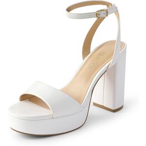 DREAM PAIRS Platform High Heels for Women Chunky Round Open Toe Ankle Strap Stylish Heeled Sandals for Party Prom Wedding (9.5, White-pu)