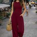XXTAXN Women's Casual Sleeveless Round Neck Corset Waist Wide Leg Jumpsuit with Pockets - Comfy One-Piece Long Pants Winered (L)