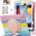 BATYUE for iPad 9th/ 8th/ 7th Generation Case (iPad 10.2 inch Rugged Case 2021/2020/2019) with Screen Protector, Rotating Stand/Pencil Holder/Carrying Shoulder Strap (Colourful Pink)