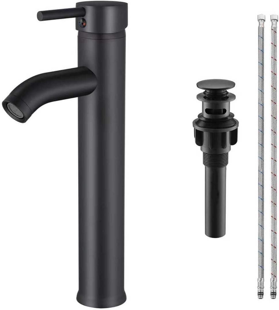 Matte Black Bathroom Faucet Single Handle Bathroom Sink Faucet with Pop-Up Drain Vessel Sink Faucet Tall Modern for Bathroom Washbasin Faucet Countertop Installation
