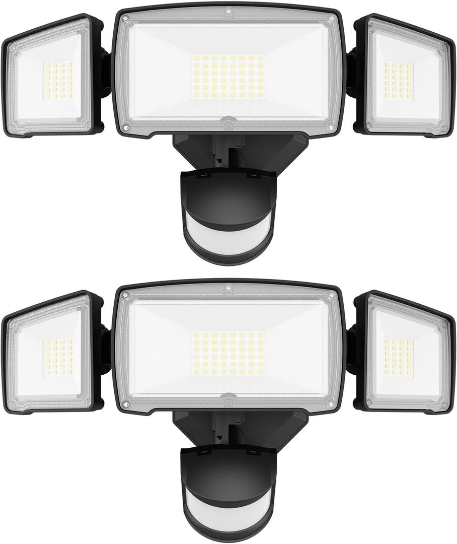 HGGH Motion Sensor Outdoor Lights  Flood Lights Outdoor Security Light, LED Floodlights IP65 Waterproof 6500K 60W 6200LM with 3 Adjustable Heads, Exterior Light for House, Backyard, Porch (2pack, Black)