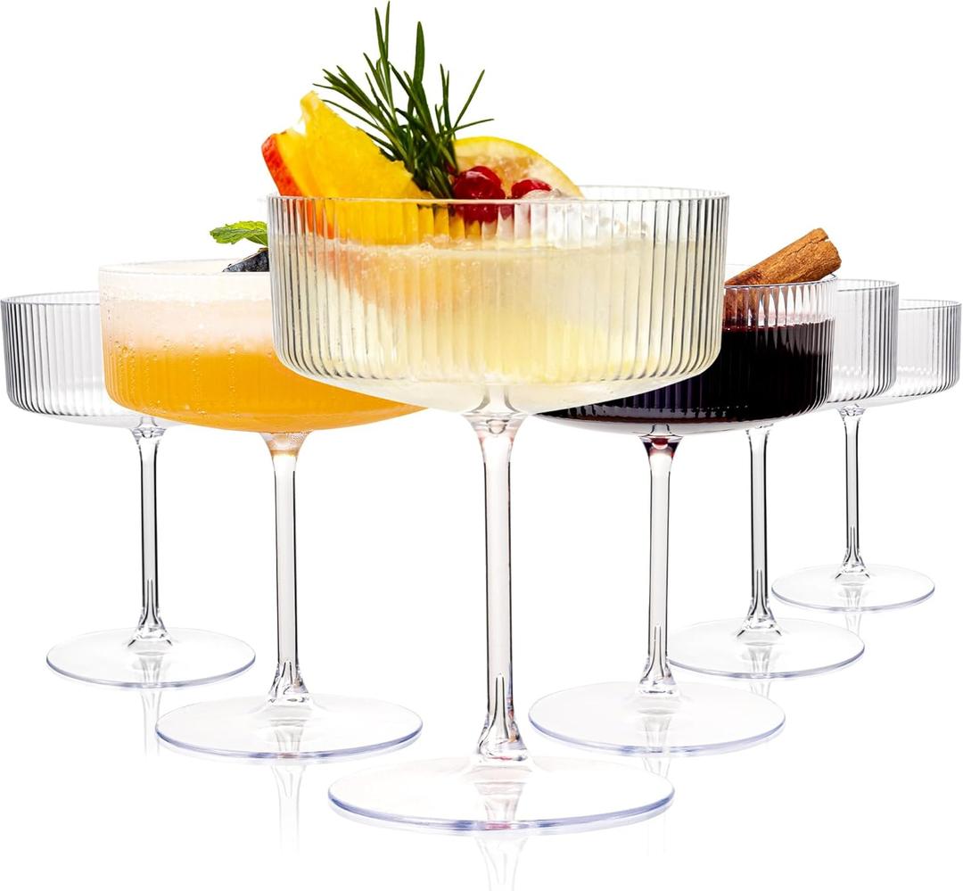 Ciaell 12PCS Plastic Ribbed Martini Glasses - 10 Oz Disposable Coupe Glasses with Stem - Heavy Duty Margarita Cups for Bars, Cocktails, Whiskey, Parties & Wedding (Clear)
