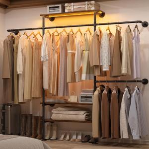 Cyclysio Industrial Pipe Clothing Rack, Reversible 7.25FT Wall Mounted Clothes Rack, Heavy Duty Garment Racks Closet Wardrobe with LED Lights& Shelves, Walk-in Closet System, Brown