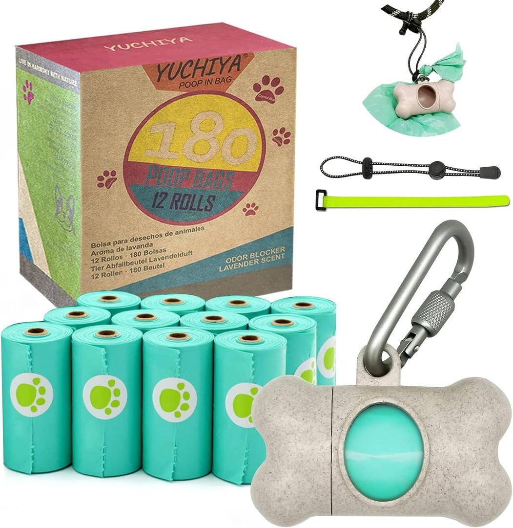 Dog Poop Pickup Bags Holder Dispenser with Standard-Sized Leak-Proof Scented Doggy Waste Bags and Carabiner with Safety Lock&Fastener Never Loose on Leash Lead Again (1 Holder 195 Bags, Beige)