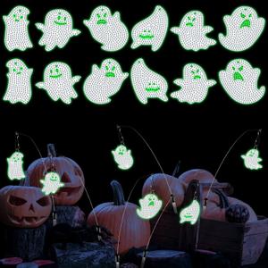 VioraWhite 12 Pcs Halloween Ghost Diamond Painting Swaying in The Wind, Glow in The Dark Spooky Faces Diamond Art Kits for Adults Beginners, High Flexibility Iron Stakes Outdoor Garden Decoration