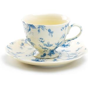 Blue Rose Toile Fine Porcelain Tea Cup and Saucer, Black White and Gold