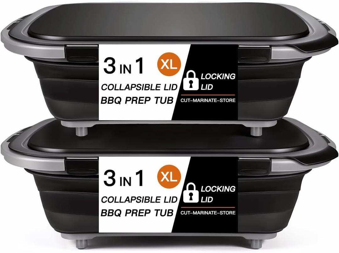 2-Pack XL Collapsible BBQ Prep Tub with Stainless Steel Cutting Board for Grilling Outdoor Cooking,with Locking Lid - for Meal Prep Marinating Food Storage,Large Food-Safe Container,Gifts for Men
