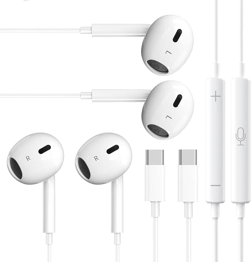 2 Packs USB C HeadphonesType C for iPhone Wired Headphones for iPhone 16/15/17 Earbuds with Mic and Volume ControlHi-Fi Stereo In Ear Earphones for Galaxy S24/S23~S20/Note 10/20 (White+White)