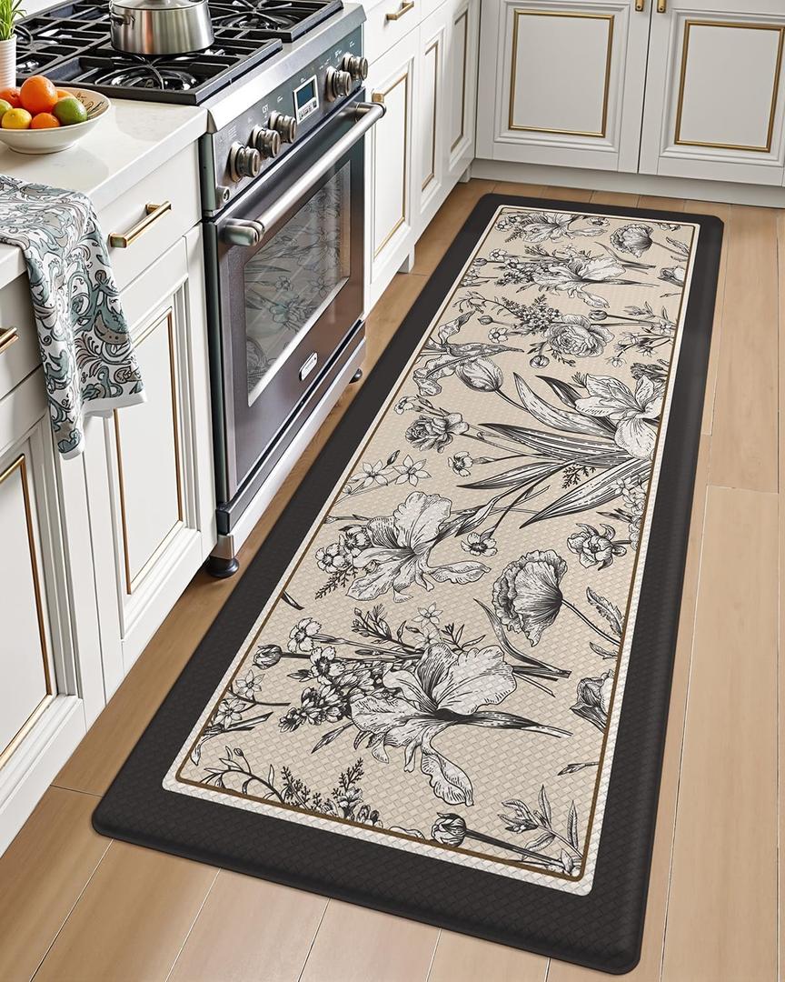LUMI Anti Fatigue Kitchen Cushioned Mat for Floor, Ultra Soft Non-Slip Waterproof Runner for Standing, Stain Resistant PVC Comfort Rugs for Home, Office, Sink, Laundry, 24x59 (Cream Black)