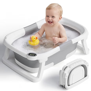 Collapsible Baby Bathtub with Thermometer, 0-36 Months, GreyReal-time thermometer, quick drain plug, double-fold storage, PP+TPE tub, portable for home and travel