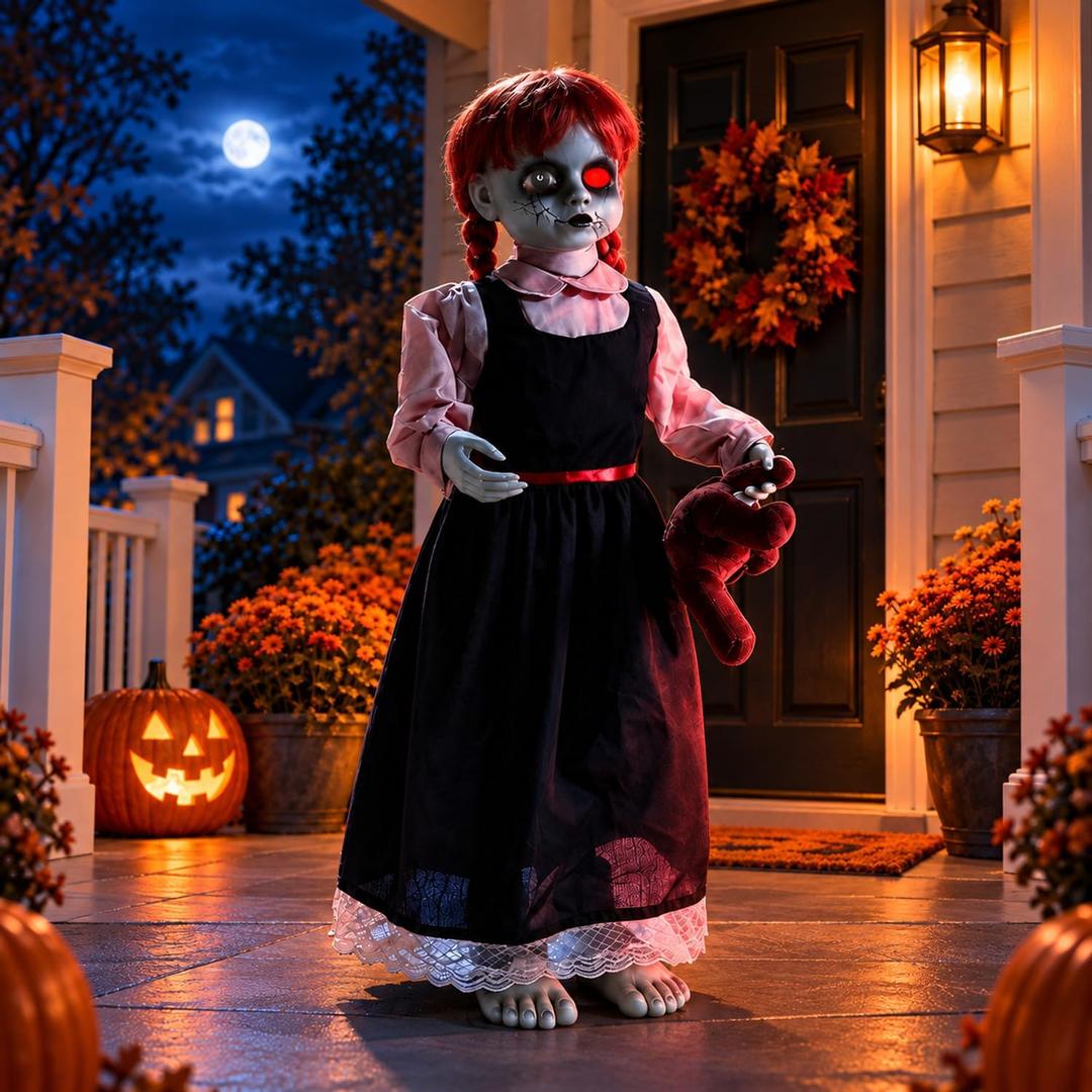 Quntis 35Inch Scary Halloween Animatronic Outdoor Decoration, Sound & Touch Activated Creepy Haunted Girl with Moving Head and Hand, Glowing Red Eye, Spooky Sounds, Weighted Base, No Assembly Required