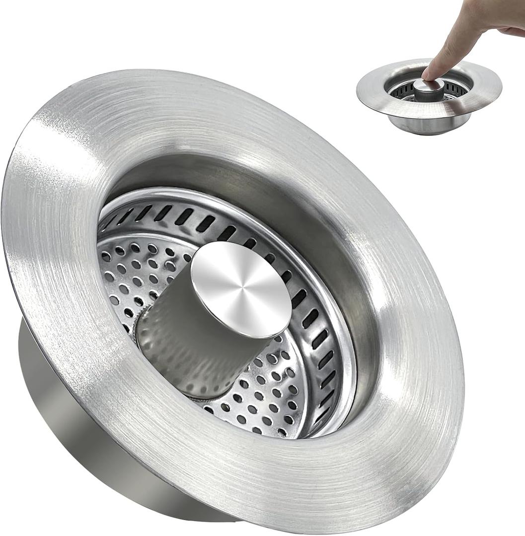 3 in 1 Kitchen Sink Drain Strainer & Pop-Up Sink Stopper - 304 Stainless Steel Upgraded Anti-Clogging Basket with Fast Drainage, Odor Prevention - Fits US Standard 3-1/2" Sink Drain Plug, 1 Pack