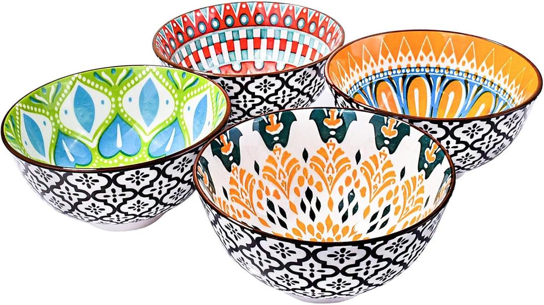 Ceramic Rice Bowls Set of 4, 4.72 Inch Colorful Mandala Pattern Porcelain Bowls, Bohemian Floral Serving Bowls for Rice, Cereal, Soup, Microwave & Dishwasher Safe