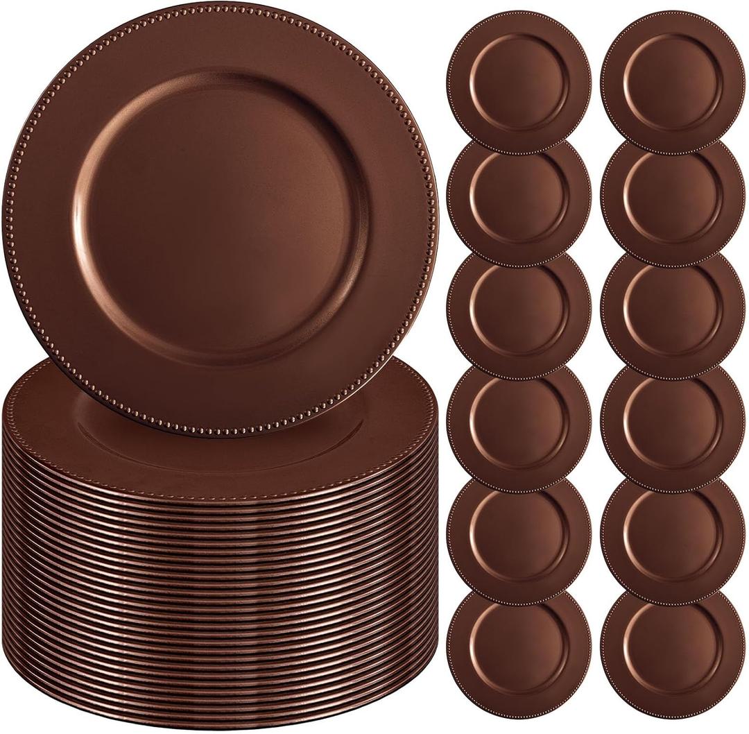 24 Pcs Brown Charger Plates 13" Round Charger Plates Bulk Beaded Chargers for Dinner Plate Decorative Brown Plastic Chargers Plate for Wedding Party Event Baby Bridal Shower Table Decoration