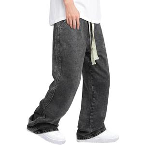Mens Baggy Jeans Elastic Waisted Denim Pants for Men with Drawstring Streetwear (36, Dark Grey 1127)