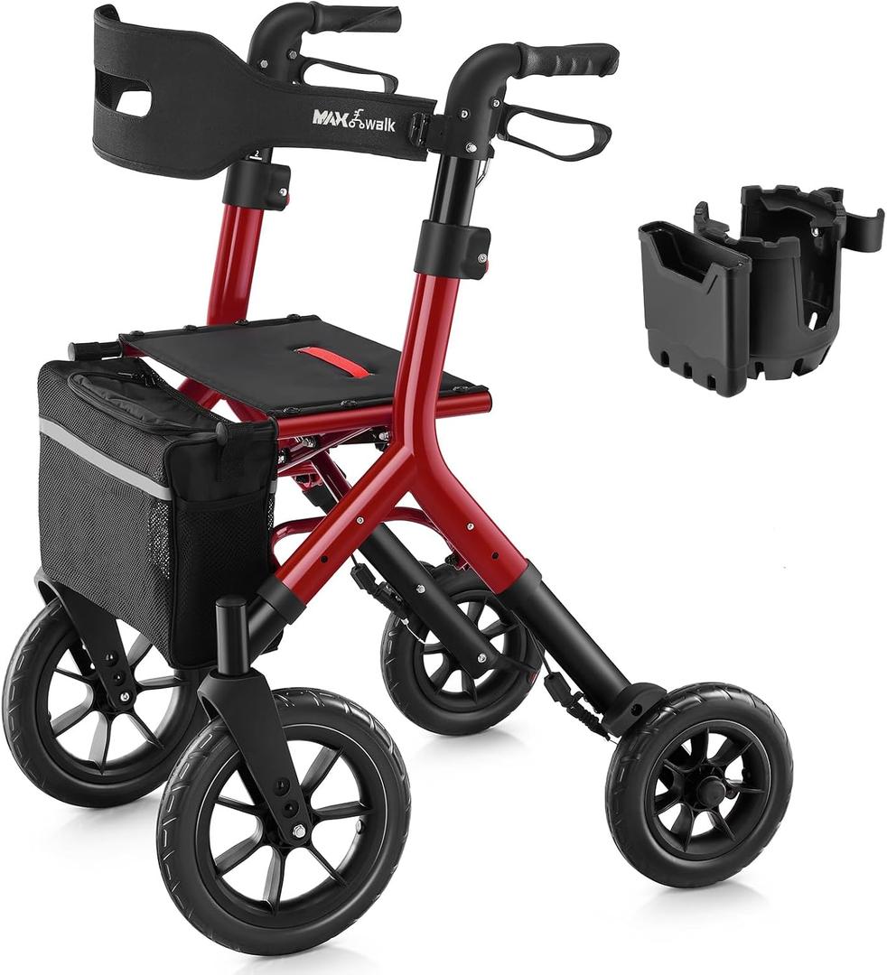 MAXWALK Rollator Walker with Seat, Tall Walkers for Seniors, 12" Big Rubber Wheels All Terrain Rollator Walker with Backrest, Built-in Cable, Foldable and Dual Adjustable Height for 5.3-7ft, Red