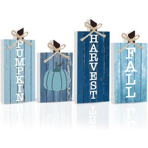 4 PCS Fall Decorations for Home Blue Fall Decor Centerpieces for Tables Pumpkin Falls Letter Decor Thanksgiving Decorations Harvest Autumn Farmhouse Table Sign for Kitchen Mantel
