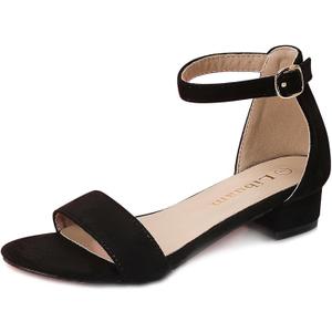 Girls Sandals Low Heels Dress Pump Ankle Strap Open Toe Flower Girl Wedding Party for Toddler Little Big Kid, Black, Size 5