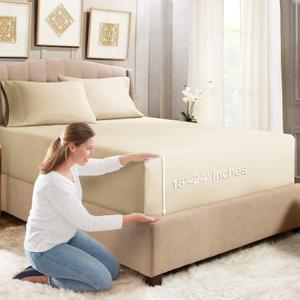 Empyrean Extra Deep Pocket Queen Fitted Sheet, 24" Deep Pocket Queen Sheet with Bonus 2 Pillowcases, 3 PC Fitted Sheet Queen Size, Queen Sheets Deep Pocket with 4 Corner Elastic Strap, Cream Beige