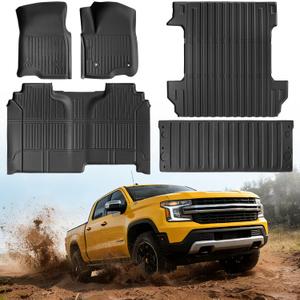DrCarNow All Weather TPE Floor Mats for Chevy Silverado 1500 and GMC Sierra 1500 Crew Cab 2019-2026 Custom Fit Front and Rear with 5.8FT Bed Mat & Tailgate Liner Non Slip Heavy Duty Accessories