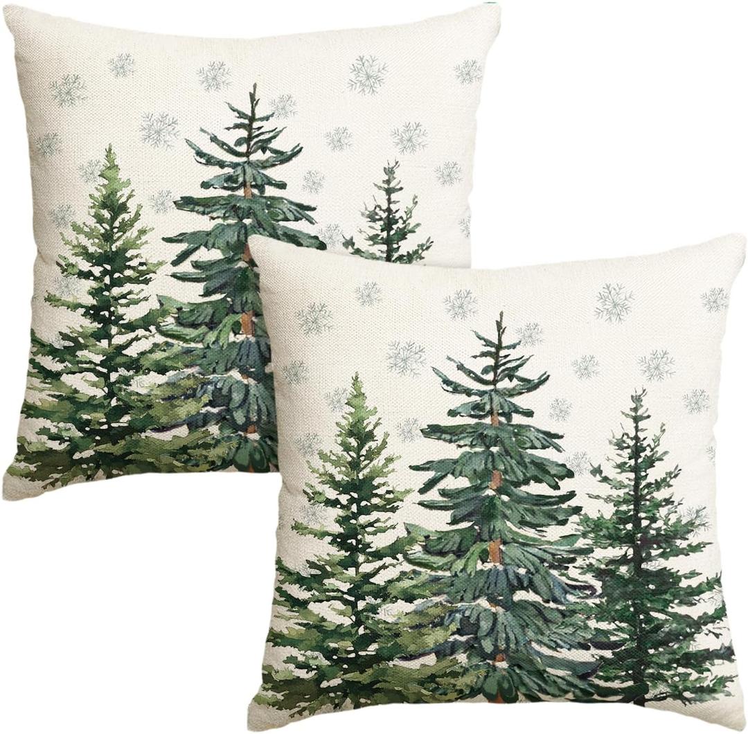 AVOIN colorlife Christmas Trees Snowflake Throw Pillow Covers Set of 2, 18 x 18 Inch Winter Holiday Cushion Case Decoration for Sofa Couch (Green)