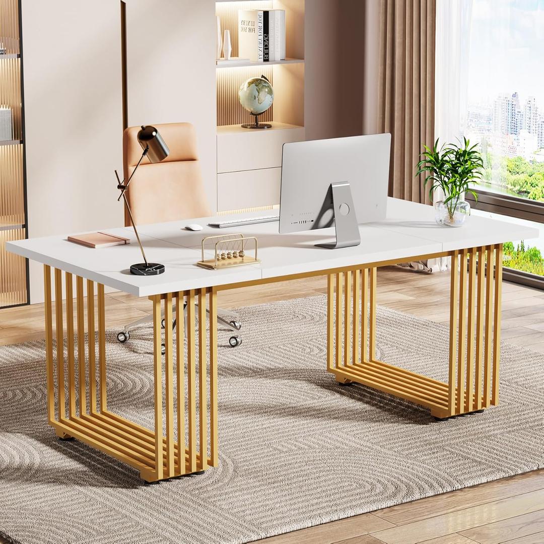 Tribesigns 70.9" Modern Office Desk, Wooden Computer Desk, White Executive Desk with Gold Metal Legs, Large Workstation for Home Office, Study Writing Desk, Small Conference Table for Meeting Room