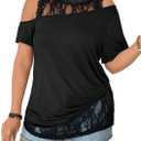 Verdusa Women's Plus Size Lace Cold Shoulder T Shirt Short Sleeve Going Out Tops Tunics Shirts (XX-Large Plus, Black)
