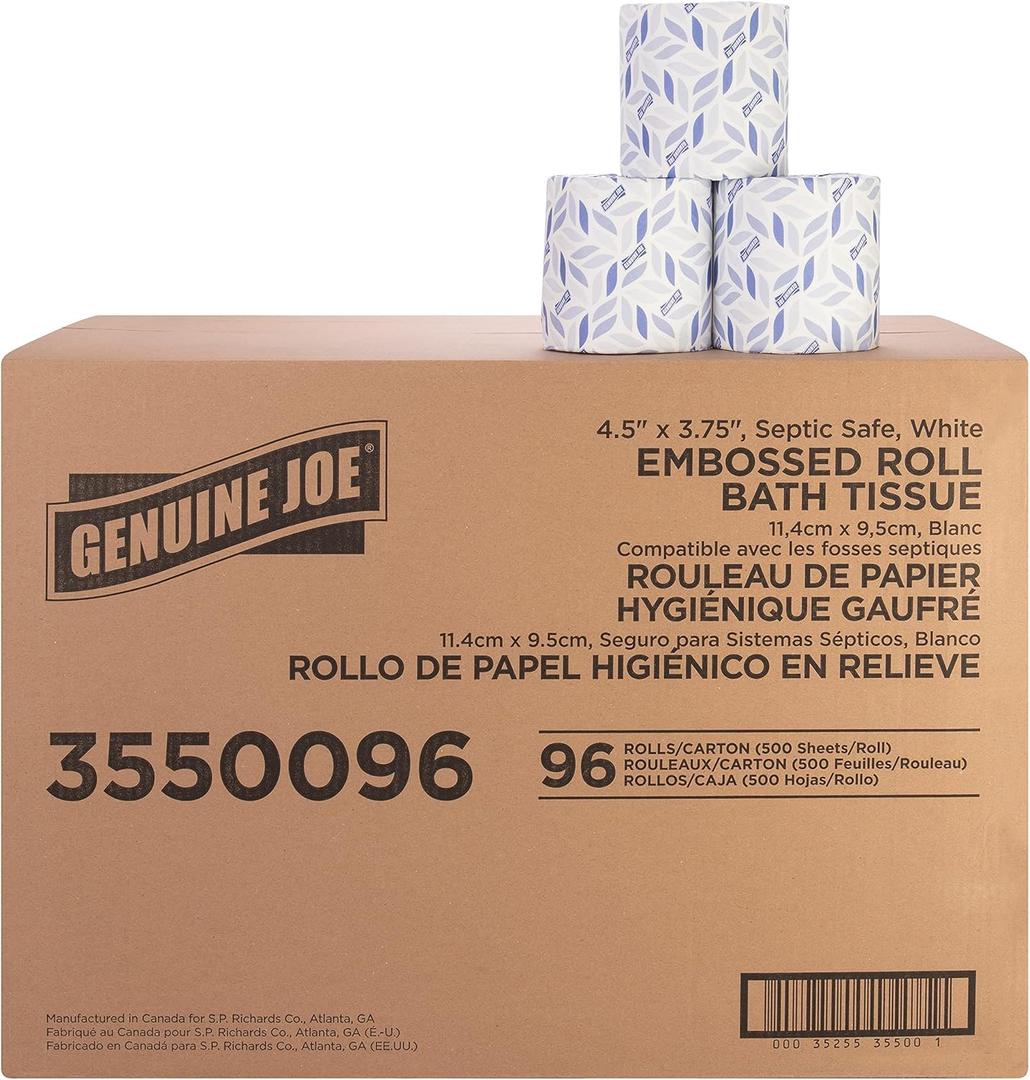 Genuine Joe Embossed Bath Tissue, 2-Ply, Septic Safe, Individually Wrapped, 4.5" x 3.75", 500 Sheets/Roll, 96 Count