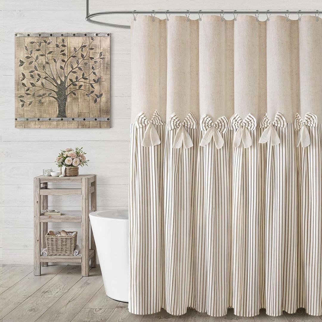 Farmhouse Shower Curtain Linen Beige Bow Woven Fabric Country Rustic Western, Pleated Beige Stripe 72" W x 72" L