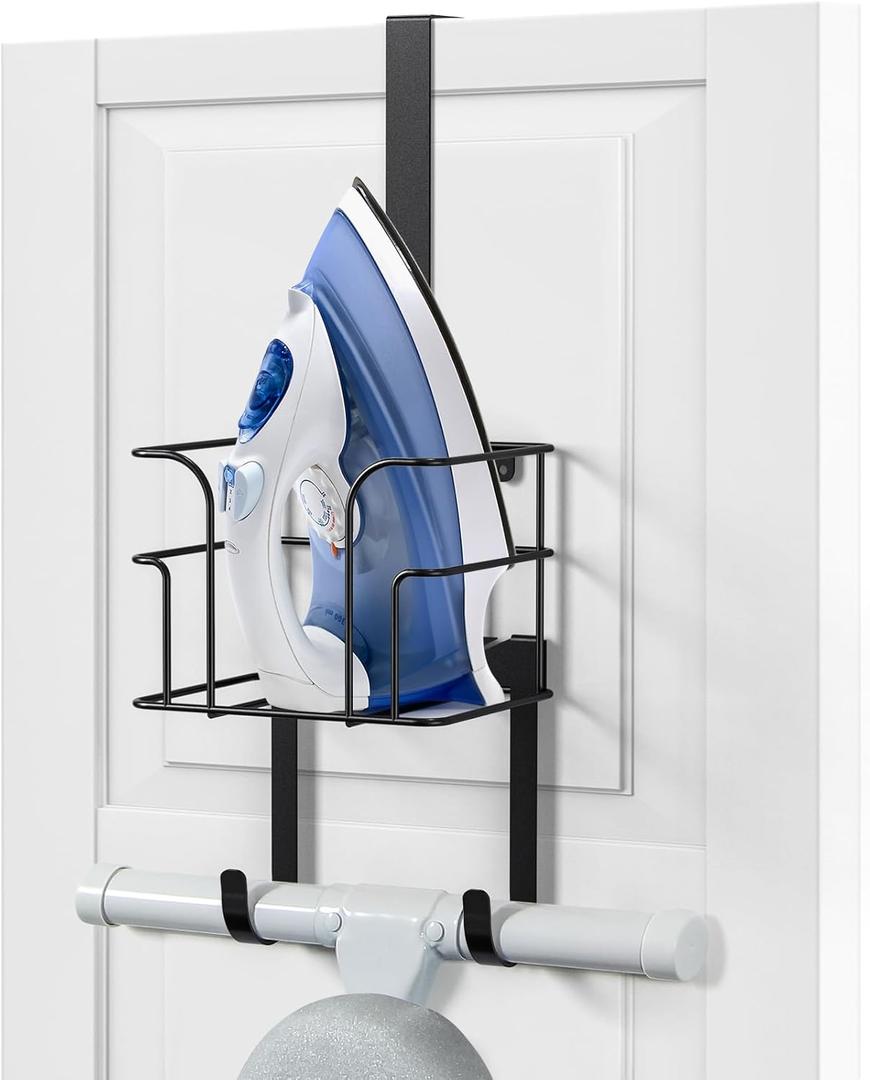 ORLESS Over The Door/Wall Mount Ironing Board Hanger, Laundry Room Iron and Ironing Board Caddy Storage Holder, Black