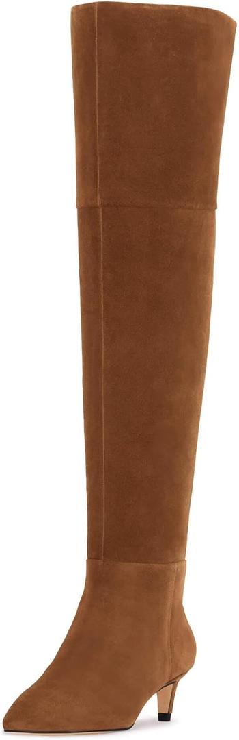 Coutgo Women's Knee High Boots Kitten Low Heel Pointed Toe Tall Long Boots Fall Winter Shoes (9, Dark Brown Suede)