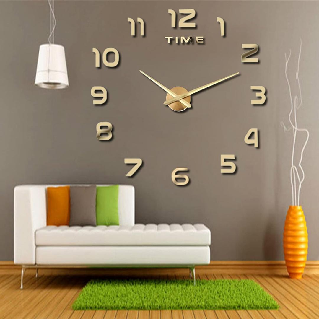 THIDARGO 3D DIY Wall Clock Arabic Numerals Clock Frameless Mirror Surface Wall Sticker Home Decor for Living Room Bedroom(Not Including Battery) (19-27 Inch, Golden)
