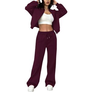 LovelyWholesale Women Sweatsuits 2 Piece Set Zip Up Sweatshirt and Wild Leg Sweatpants Set (Medium, Burgundy)