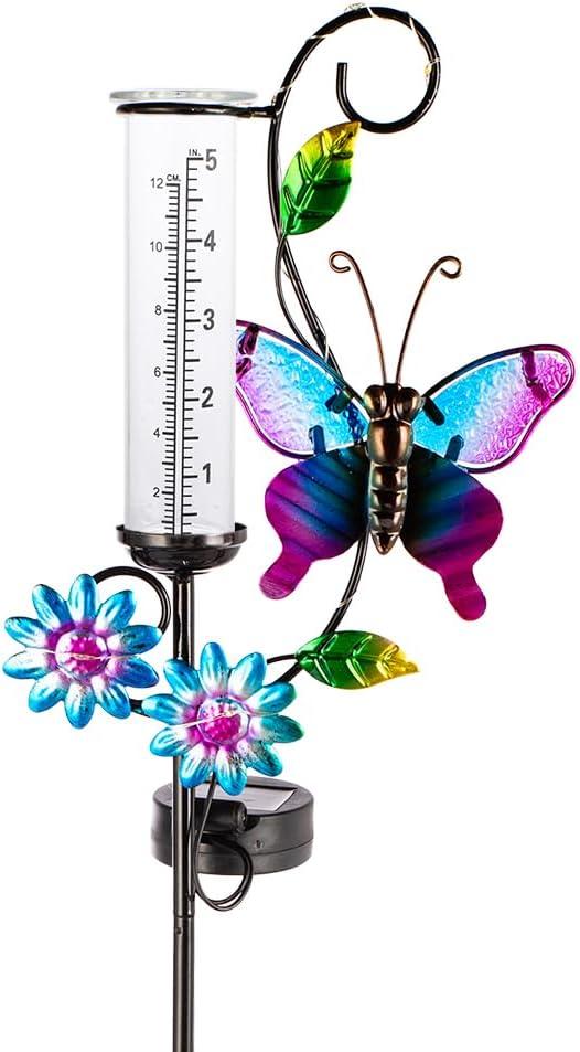 Butterfly Rain Gauge with 5 Inch Glass Tube, Solar Rain Gauge with LED Lights Rain Water Gauge Decor for Patio, Garden Yard, Measuring Precipitation
