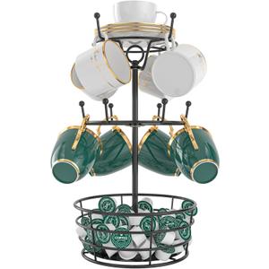 Visentor Rotatable Metal Coffee Mug Rack - 3 Tier Holder with 10 Hooks, Cup Pods & Saucer Basket for Bar Kitchen Counter - Black