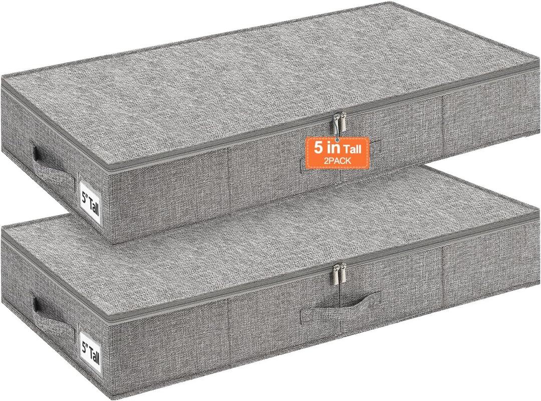 punemi 5 inches High Low Profile Under Bed Storage, Underbed Storage Containers With Sturdy Sidewalls & Bottom, Slim Under Couch Sofa Storage, Shallow Clothes Storage Bins, 2Pack, Grey