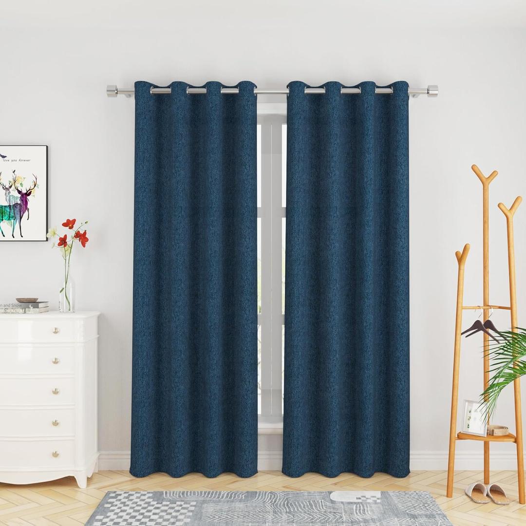 Curtains 80 inches Long Kitchen Linen Textured Privacy Semi Sheer Navy Blue Living Room Divider Bedroom Drapes Sliding Glass Door Window Curtains Basement Patio Curtain Panels Grommet Top 2 Pieces