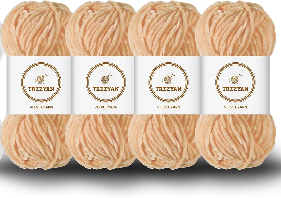 3.5 oz/Skein Chenille Plush Velour Cozy Float Lines for Fancy Lines for Crochet DIY Thick Weave Making Toys, Clothing (4 skeins, Camel)