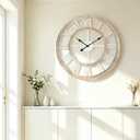 30 Inch Oversized Rustic Wall Clock Silent Non-Ticking Wooden Wall Clocks with Roman Numerals Farmhouse Decorative Clock for Living Room Bedroom Office (Light Lvory)