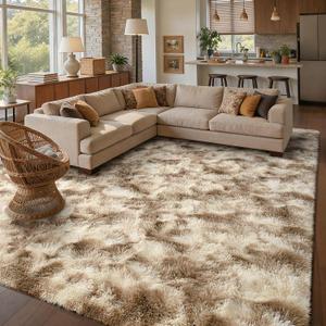 8x10 Ft Extra Large Shag Rugs for Living Room, Tie Dyed Ultra Soft Fluffy Furry Area Rugs for Bedroom Indoor Floor, Aesthetic Carpet for Kids Home Decor (Khaki)