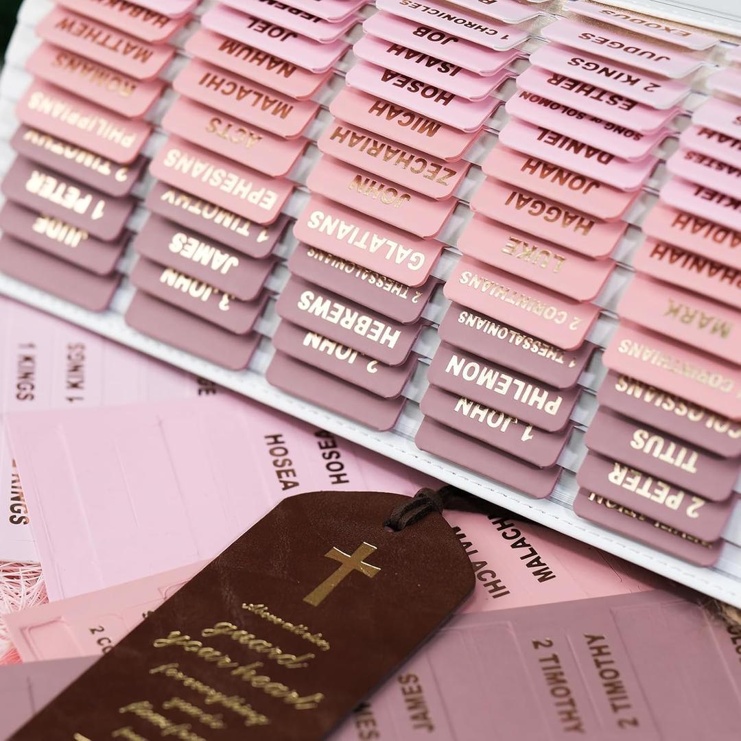 UPAFEXXI-Leather Bible Tabs, Bible Tabs for Women and Men(Gold Foil Lettering) Large Print Stickers, Easy to Read and Apply, 80 Chapters Labels for Easy Navigation(Cherry Blossom) (Pink)