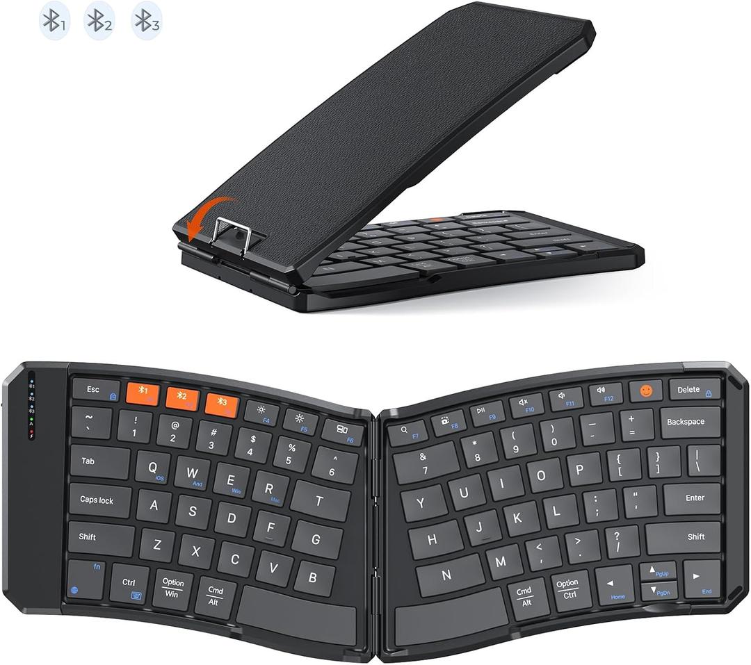 MEETION Ergonomic Foldable Bluetooth Keyboard, Split Compact Portable Keyboard for Business Travel, Ultra-Thin Folding Rechargeable Wireless Keyboards for iOS Android Windows Mac Tablet PC Smartphone (Black)