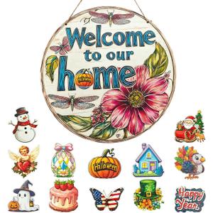 2 x Bimkole Interchangeable Seasonal Welcome Sign Front Door Decorations, Round Wood Wreath for Outdoor Farmhouse Porch - Perfect for New Home Housewarming Gift, Halloween Easter Christmas Home Decor