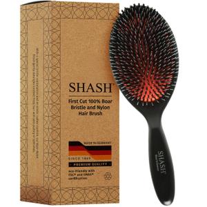 Since 1869 Hand Made In Germany - Nylon Boar Bristle Brush Suitable For Normal to Thick Hair - Gently Detangles, No Pulling or Split Ends - Softens and Improves Texture, Stimulates Scalp (Large) (Black)