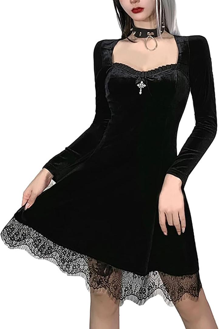TSMNZMU Gothic Lolita Dress Velvet Long Sleeve Vintage Vampire Dresses Punk Grunge Witchy Dress Emo Alt Fairy Dress (Black, XXL)